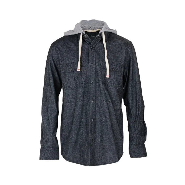 Competitive price comfortable men long sleeve hooded solid color flannel flannel shirt jacket
