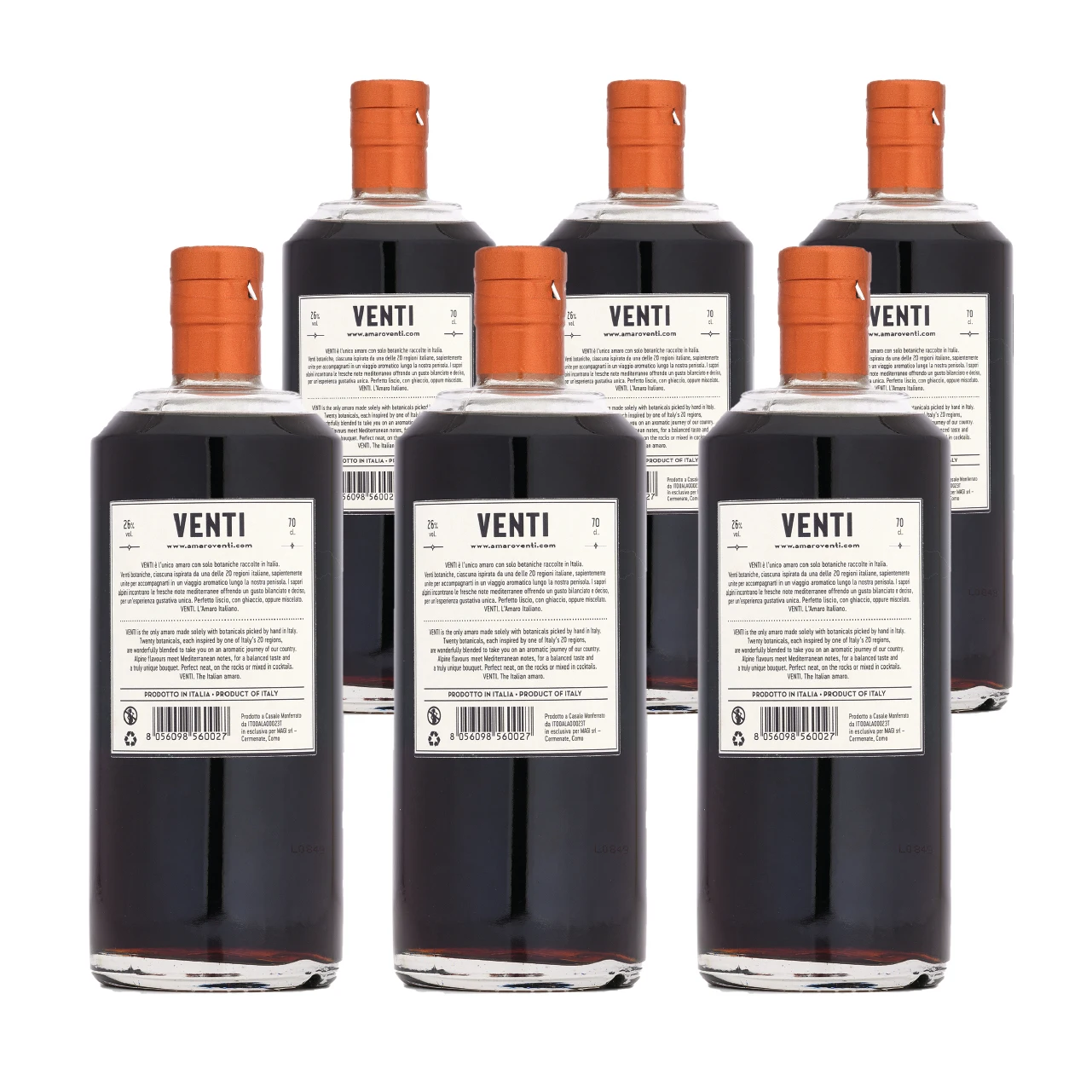 Top quality Made in Italy Bitter Liqueur VENTI case (6 bottles) for cocktail bars