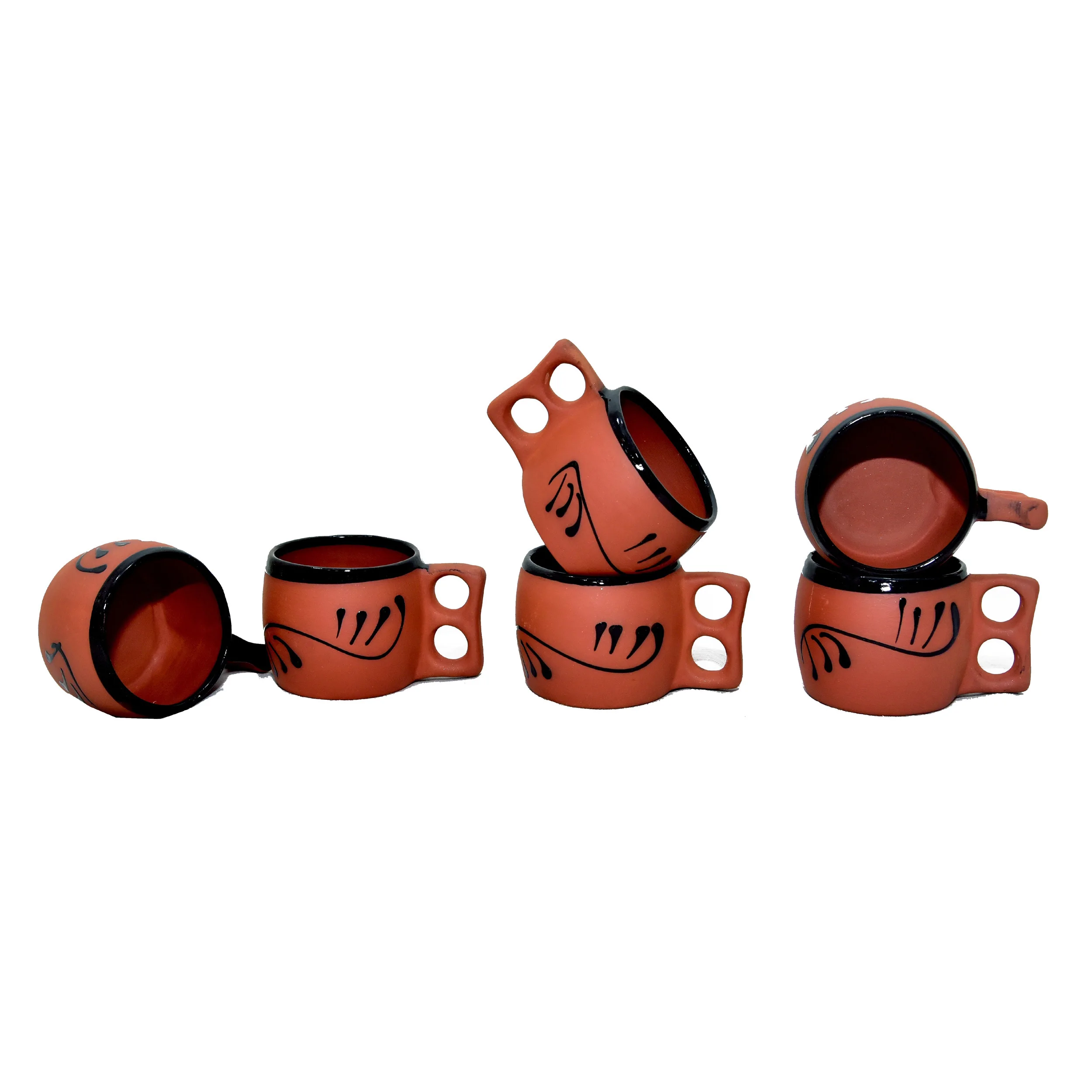 Handmade clay glazed round tray 4 cups set indian pottery cups brown terracotta pottery cups set