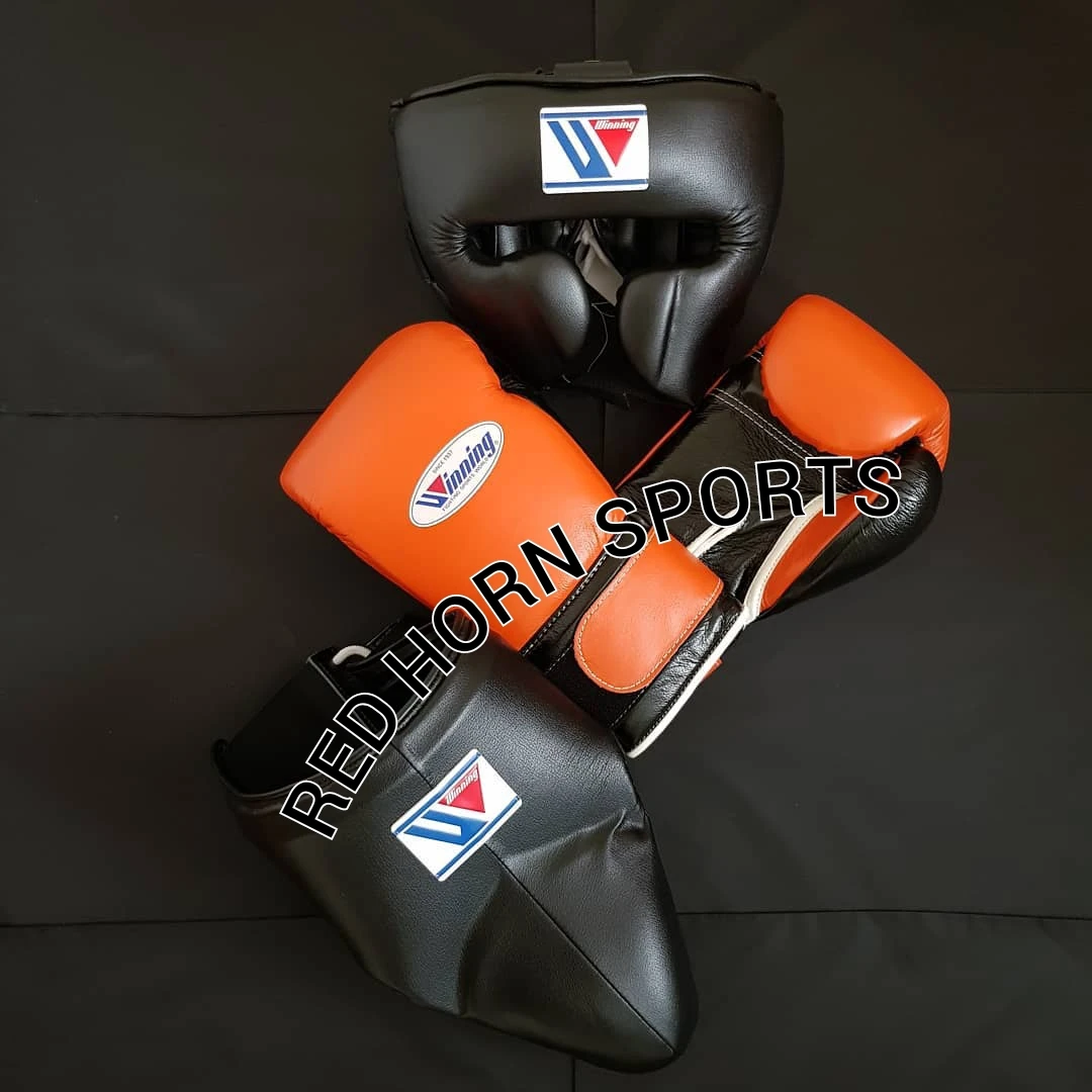 Winning 100% Original Leather Boxing gloves Head Guard and groin guard set, Custom Name and Logo boxing set