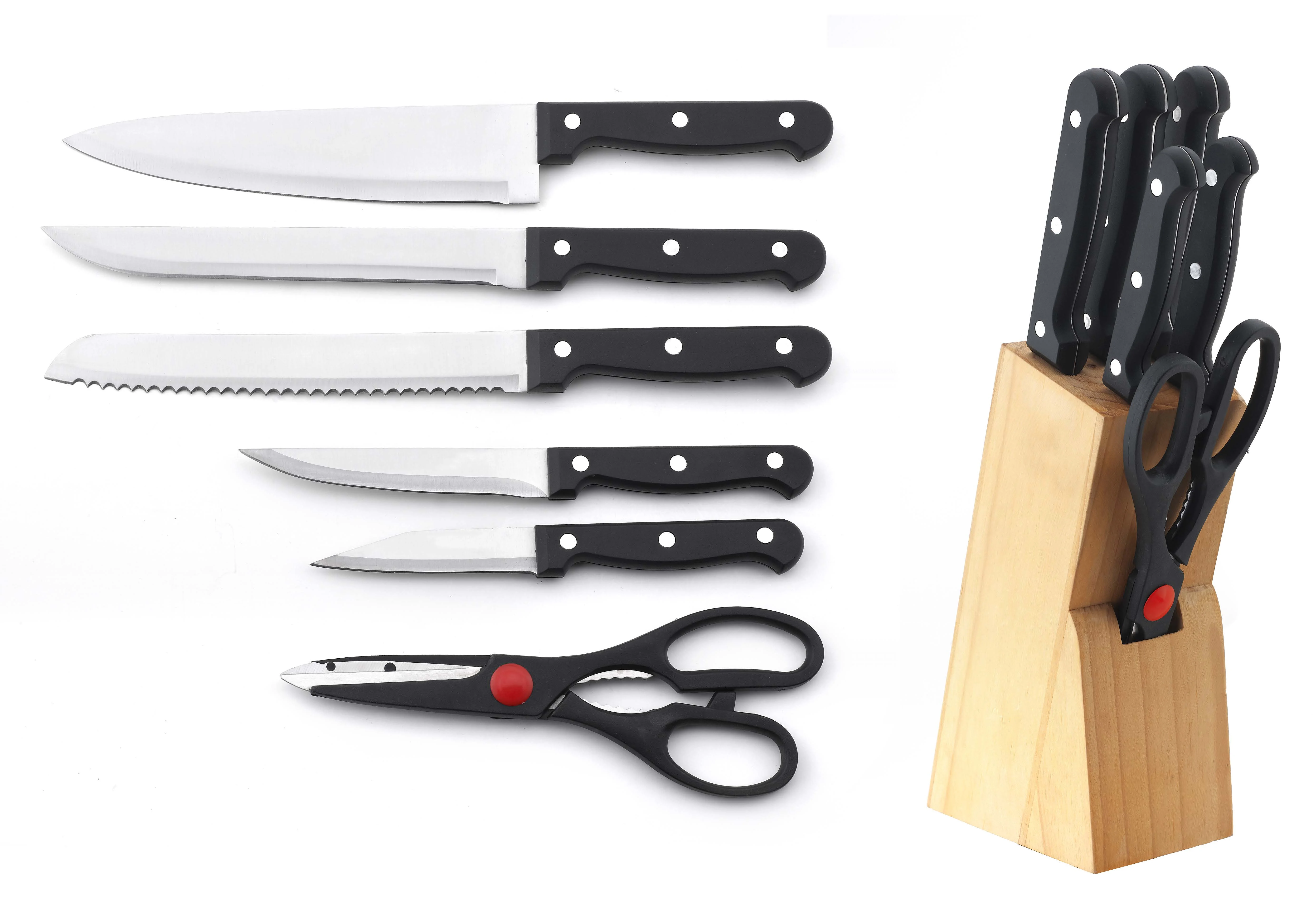 Yanjiang factory kitchen Chef Knife Set with steak knives full tang handle with 3 rivets, sharpener, shears in pinewood block