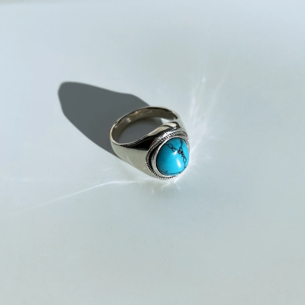 
crystal blue colored african turquoise gemstone adjustable 925 sterling silver unipue hip hop fashioned infinity ring 