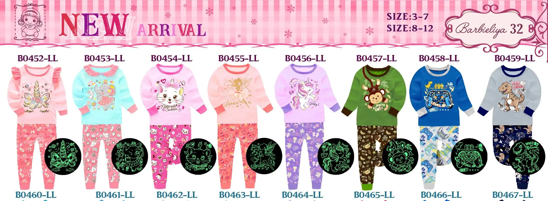 kids pijama set girls pajamas boy pyjamas  childrens clothing  boy gown glow in the dark cartoon sleepwear