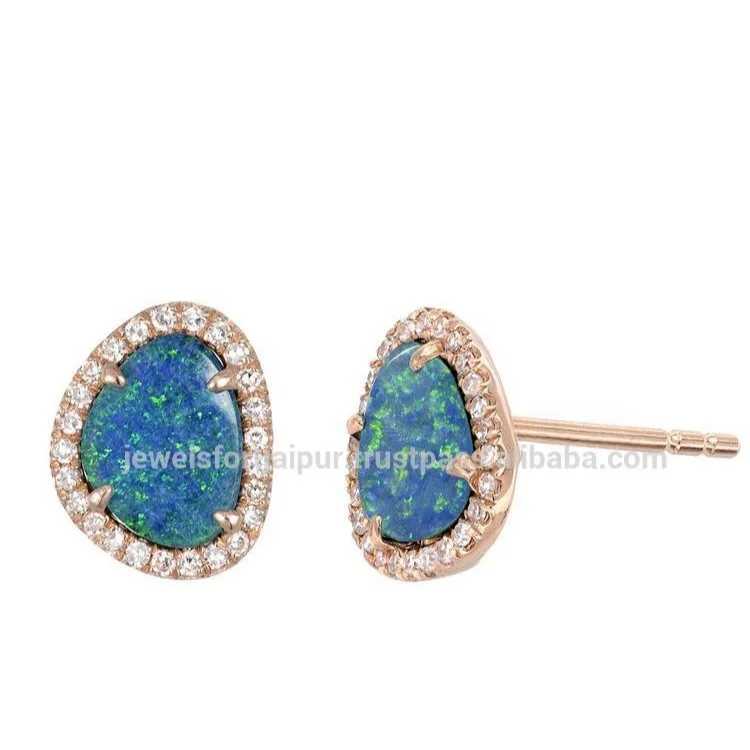 
 14k розовое золото опал со стразами серьги-гвоздики  