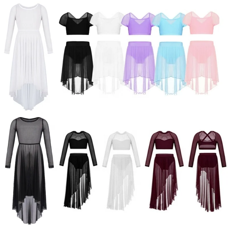  Kids Girls Mesh Long Sleeve High-low Hem Dress Celebration Spirit Praise Lyrical Dance Stage