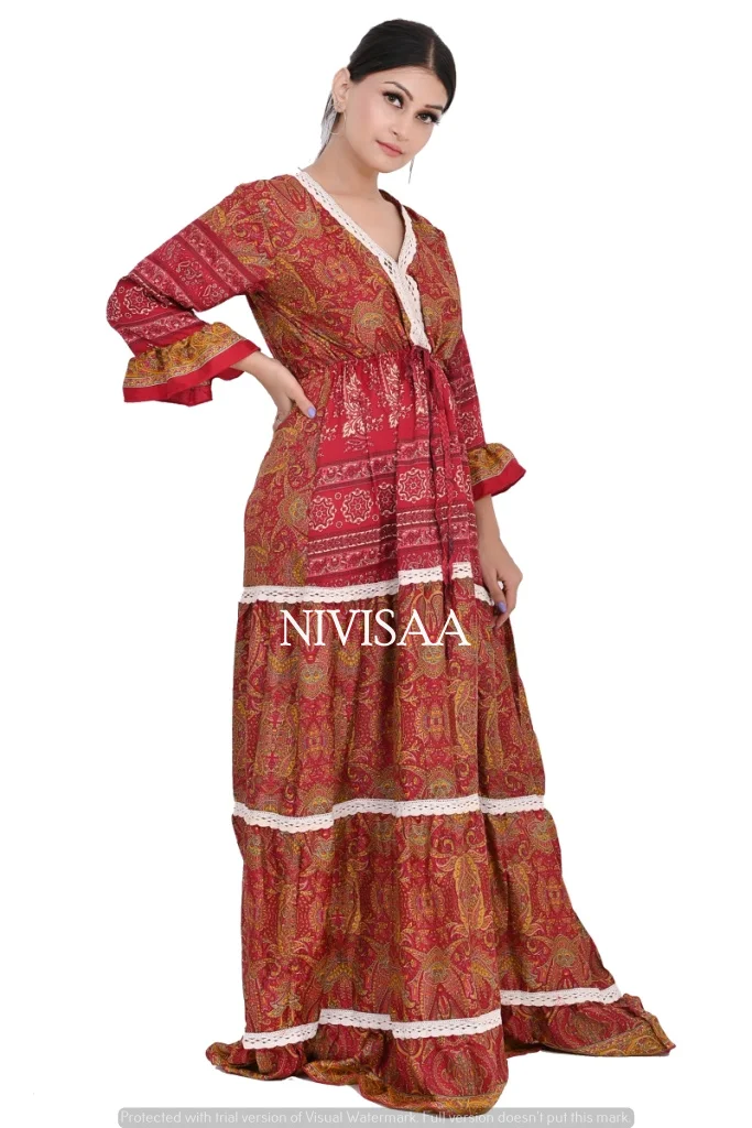 Красивое красное расклешенное летнее платье с длинными рукавами в Европейском стиле Пляжное для девочек и женщин по оптовой цене