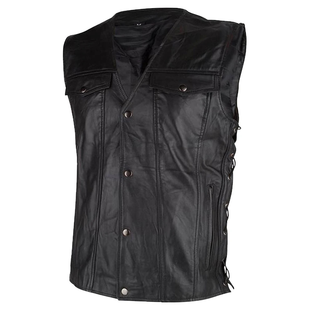  Custom Made Real Lamb Leather sleeve less Shirt/Mens black Sheep leather shirt/Snap buttons