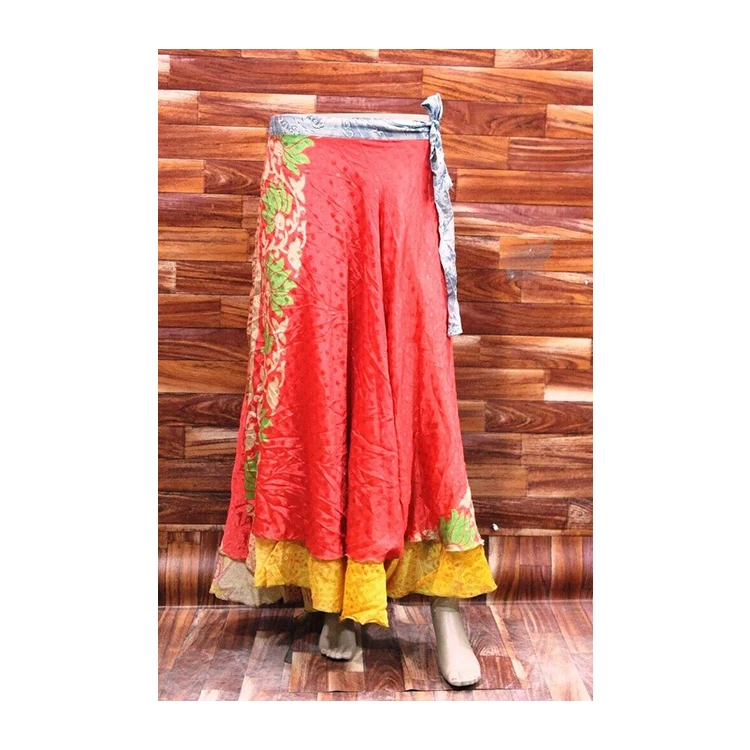Hot Selling Beautiful Orange Color Vintage Recycled Silk Sari Wrap Around Skirts with Casual Belt and Lovely Printed Design