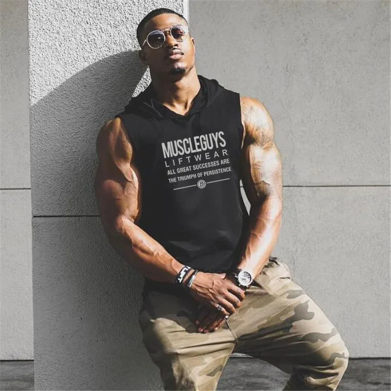 Sleeveless Shirt with hoody Brand gyms Clothing Fitness Men Bodybuilding stringer tank tops Hoodies singlets