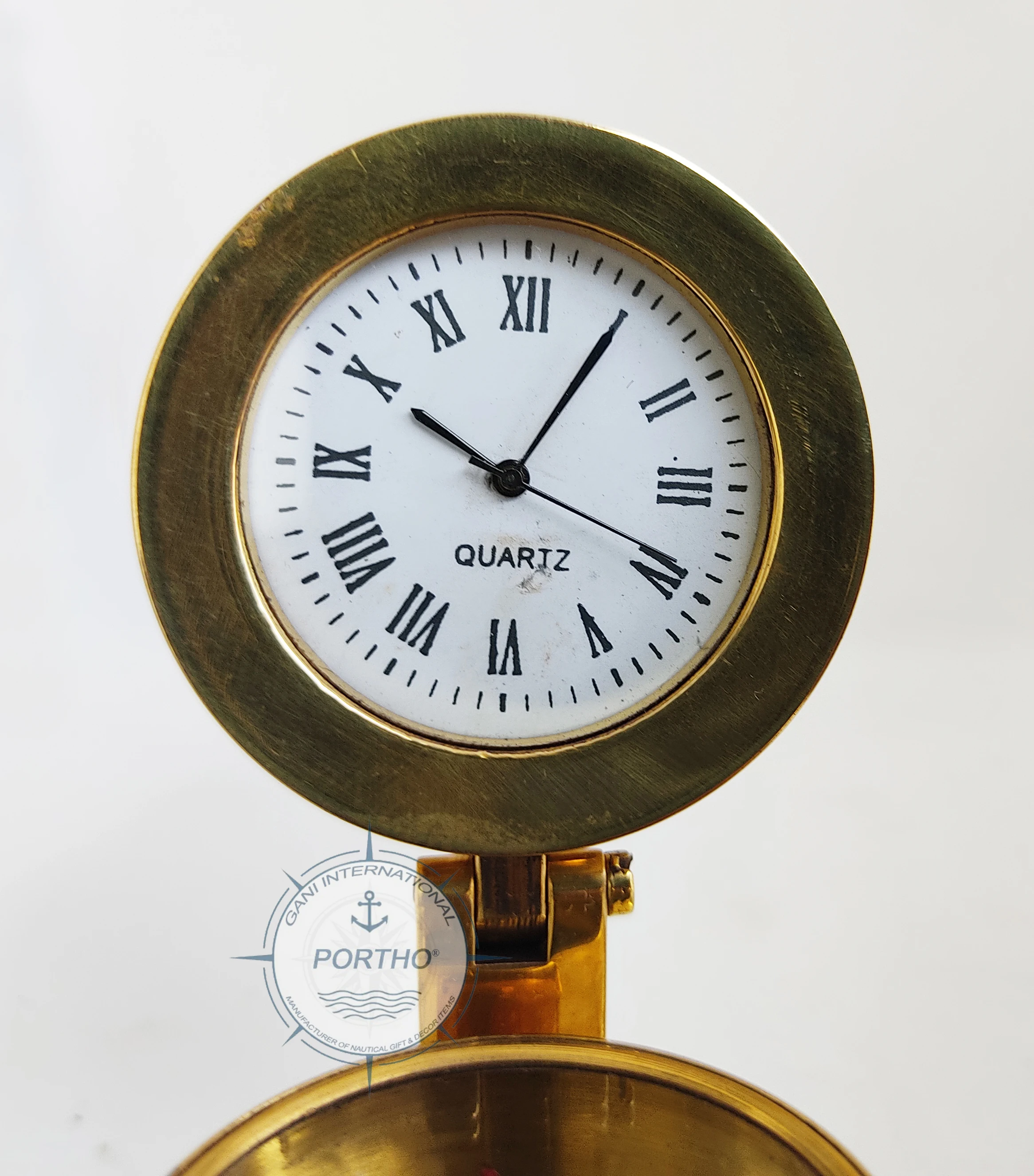 Vintage Brass Roman Numeral Desk Clock With Marine Compass Nautical Maritime Table Top Decor