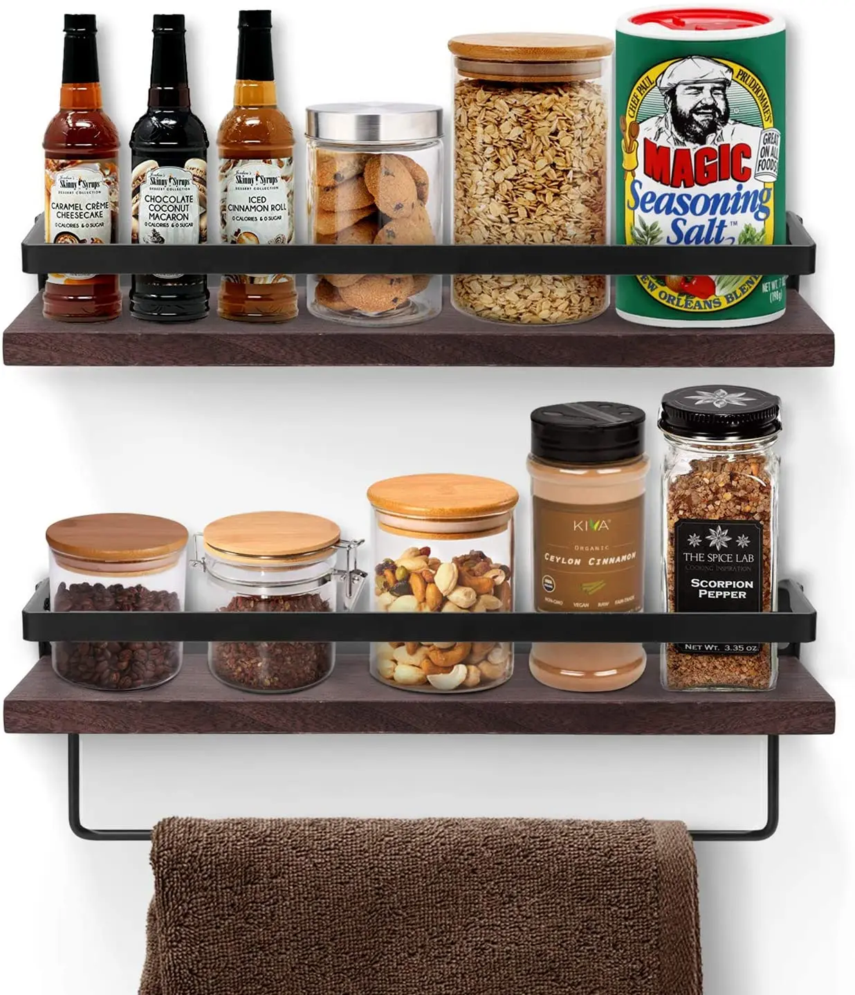Floating Shelves Decorative Wall Mounted Storage Shelves with Removable Towel Holder Paulownia Wood Set of 2 for Kitchen, Bathro