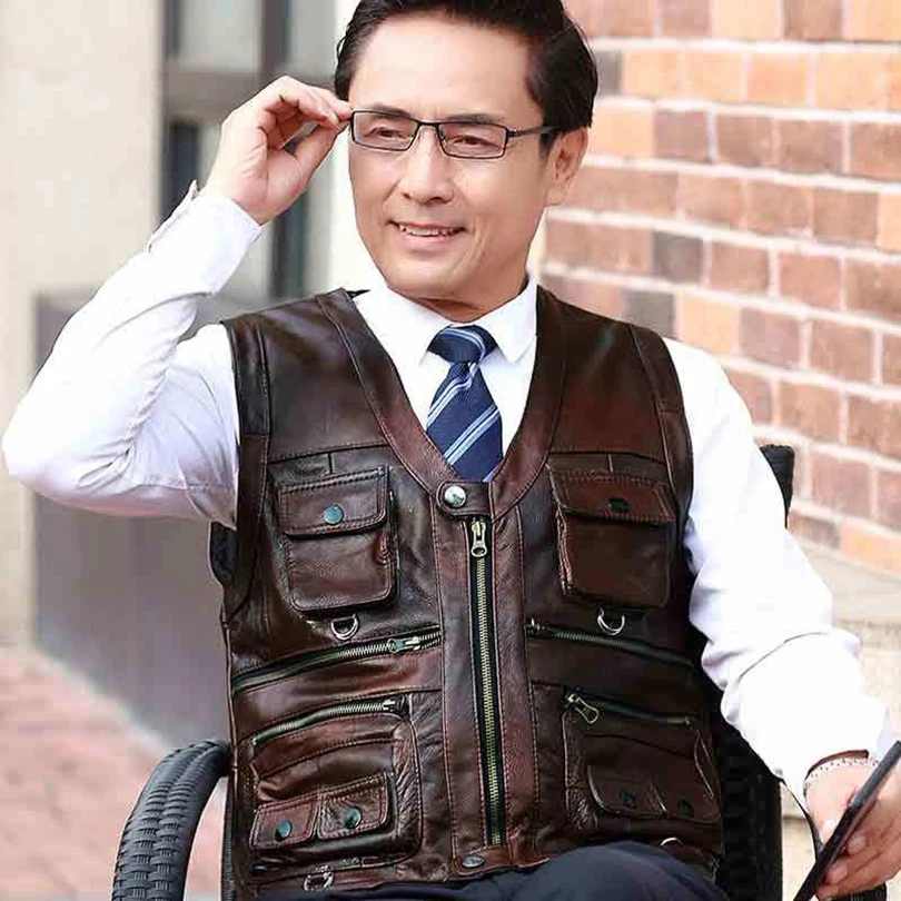 Cowhide Genuine Leather Vest Men Brown Waistcoat Male Sleeveless Jacket Thick High Quality Vest Multi Pocket
