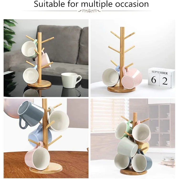 Home Kitchen Countertop Bamboo Coffee Bar Organizer Stand Tea Cup Rack Bracelet Holder Wooden Coffee Mug Tree
