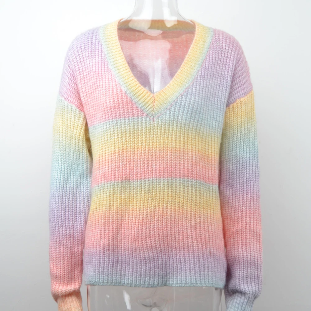 2022 Winter Clothing Sexy V Neck Women Sweaters Trendy Fashion Long Sleeve Striped Pullover Rainbow Knitted  Sweaters
