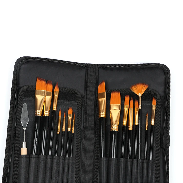 17pcs drawing black wood artist brush set nylon hair paint brush artist acrylic paint brush set with knife and sponge