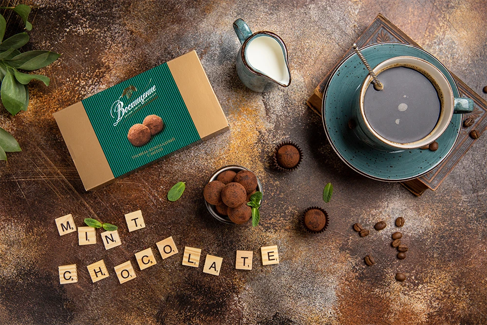 Chocolate candies truffles with mint Voskhishchenie