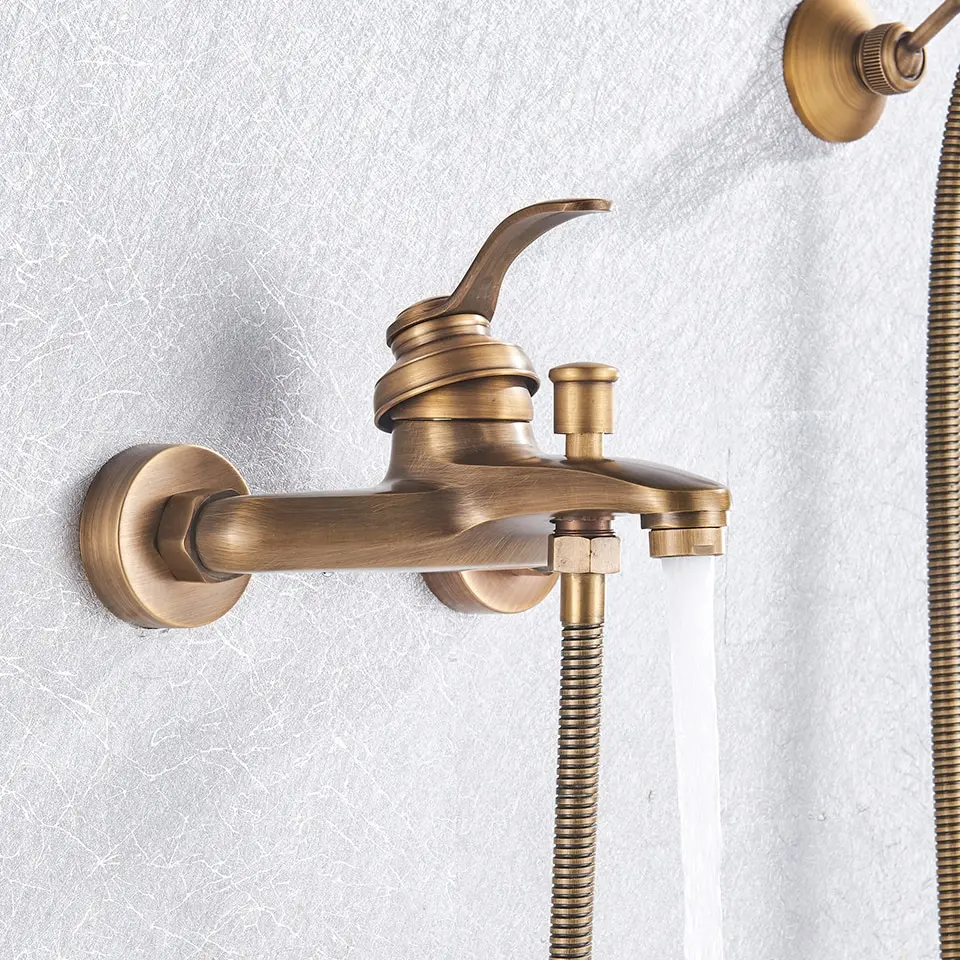 Antique Brass Bathroom Shower Faucet Bath Faucet Mixer Tap ABS Hand Shower Set Wall Mount Black Shower Control Valve Taps