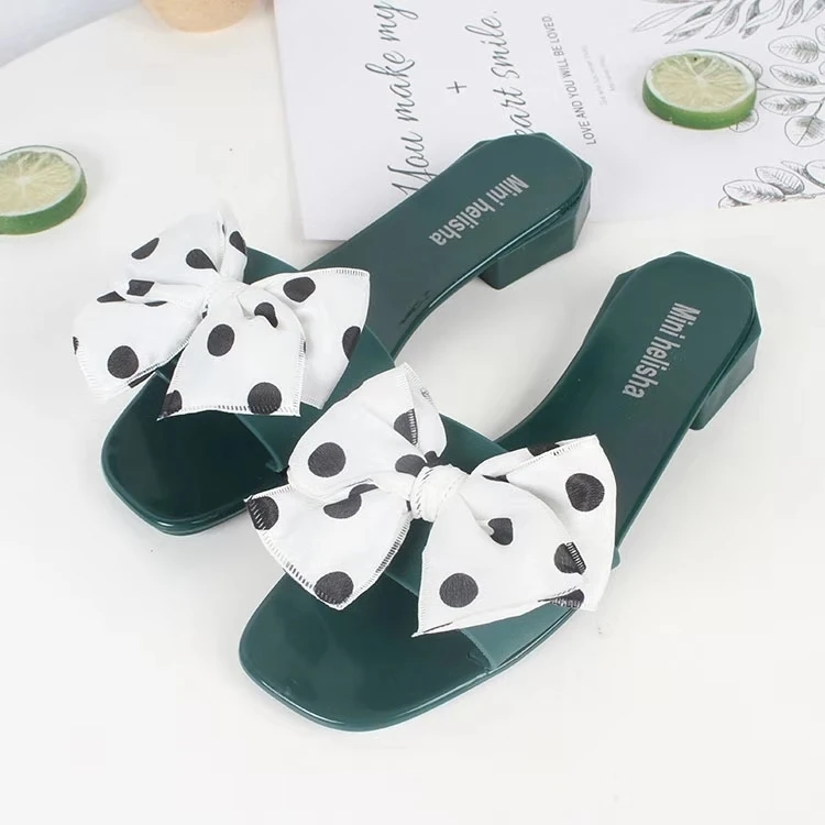 2020 hottest women polka dot bow flat slides with soft square heel