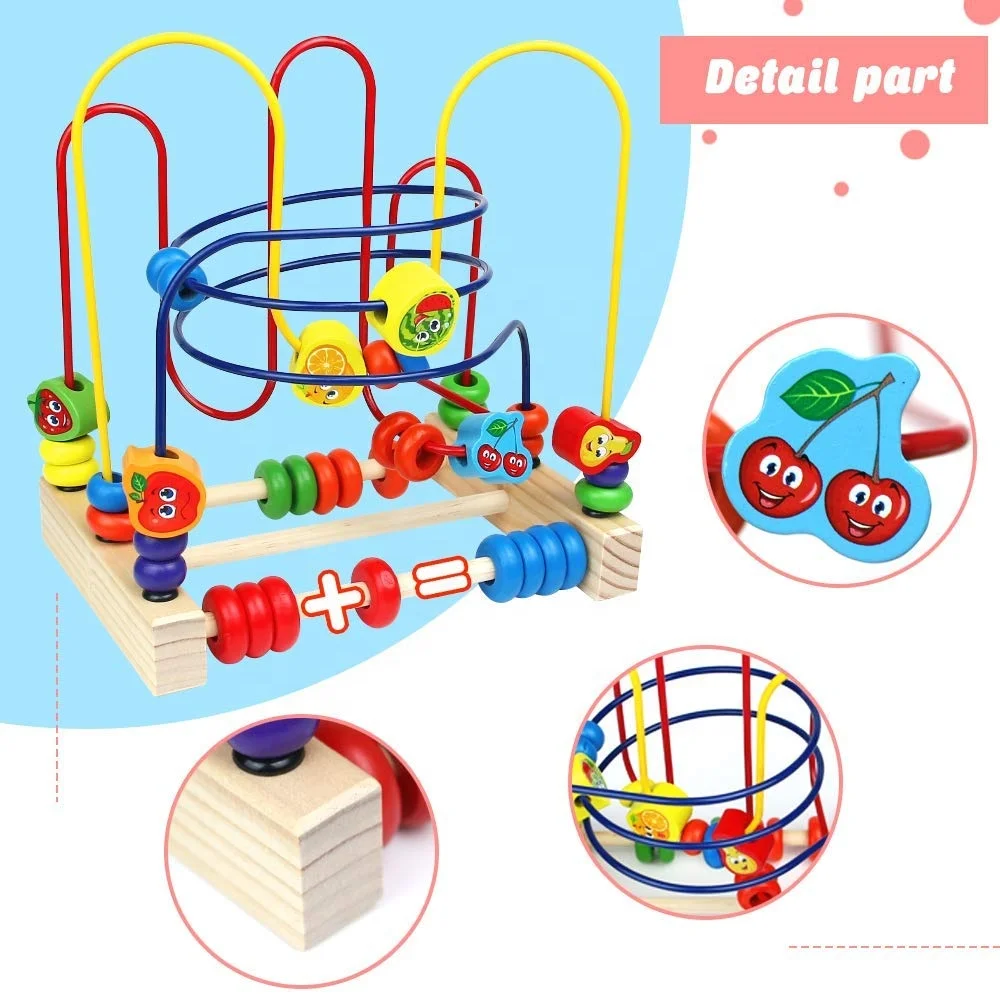 Educational Maze Game Circle Bead Wooden toy Colorful Fruit Theme Roller Coaster Game for Kids