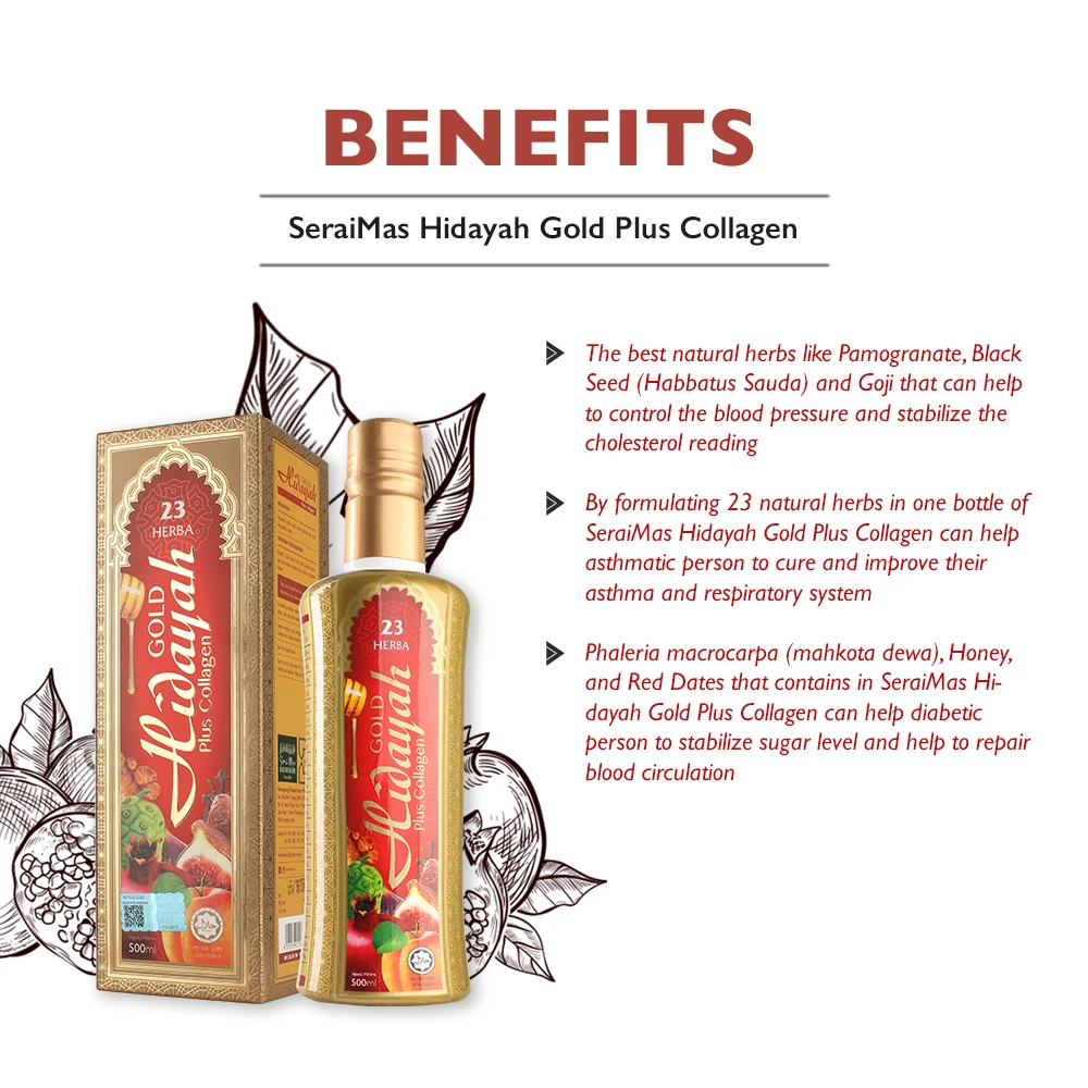Hidayah Gold Plus Collagen Herbs Collagen Drinks with Selected Herbal and Nutritious Fruits Helps To Improve Body Wellness