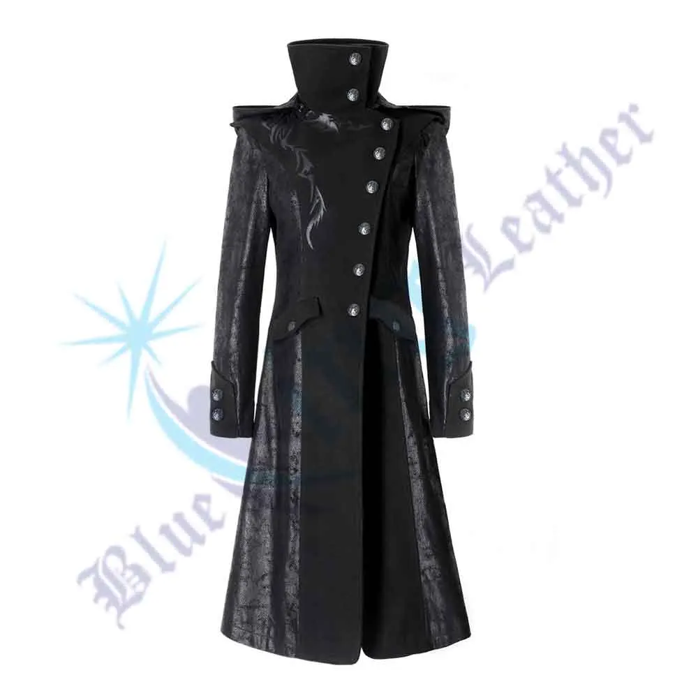 Мужское длинное кожаное пальто, черное пальто из искусственной кожи в готическом стиле