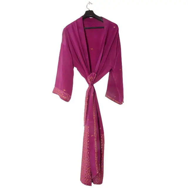 Indian Cotton Silk Saree Kimono Vintage Jacket Beach Party Wear Bikini Cover Up Ethnic Bath Robe Summer Wear Night Woman Gown