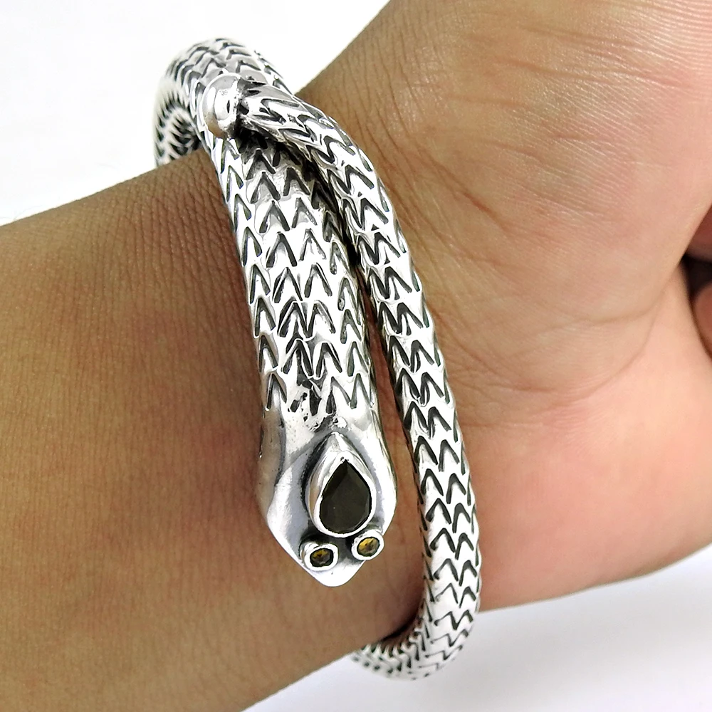 925 Sterling Silver Natural Smoky Quartz Gemstone Snake Shape Bangle Handmade Fine Jewelry Wholesale Factory Price Bulk Supplier