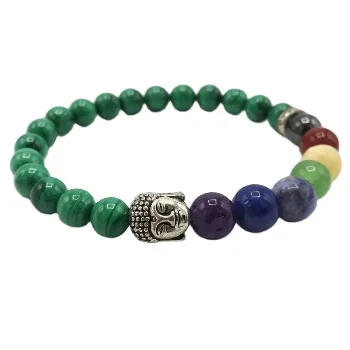 Браслет из Малахита с шармом в виде головы Будды и 7 камнями чакры, эластичный браслет