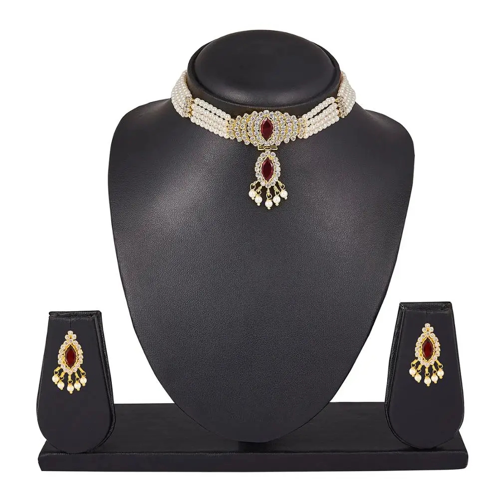 Indian traditional jewelry wine red and white oval shape stone designer pearl necklace set for  bridal