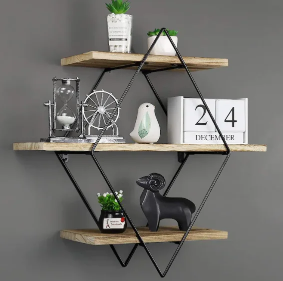 Wooden 3 Tier Wall Mounted Shelf Black Iron Natural Pine Carbonized Farmhouse Shelf for Bathroom Kitchen Wholesale Price India