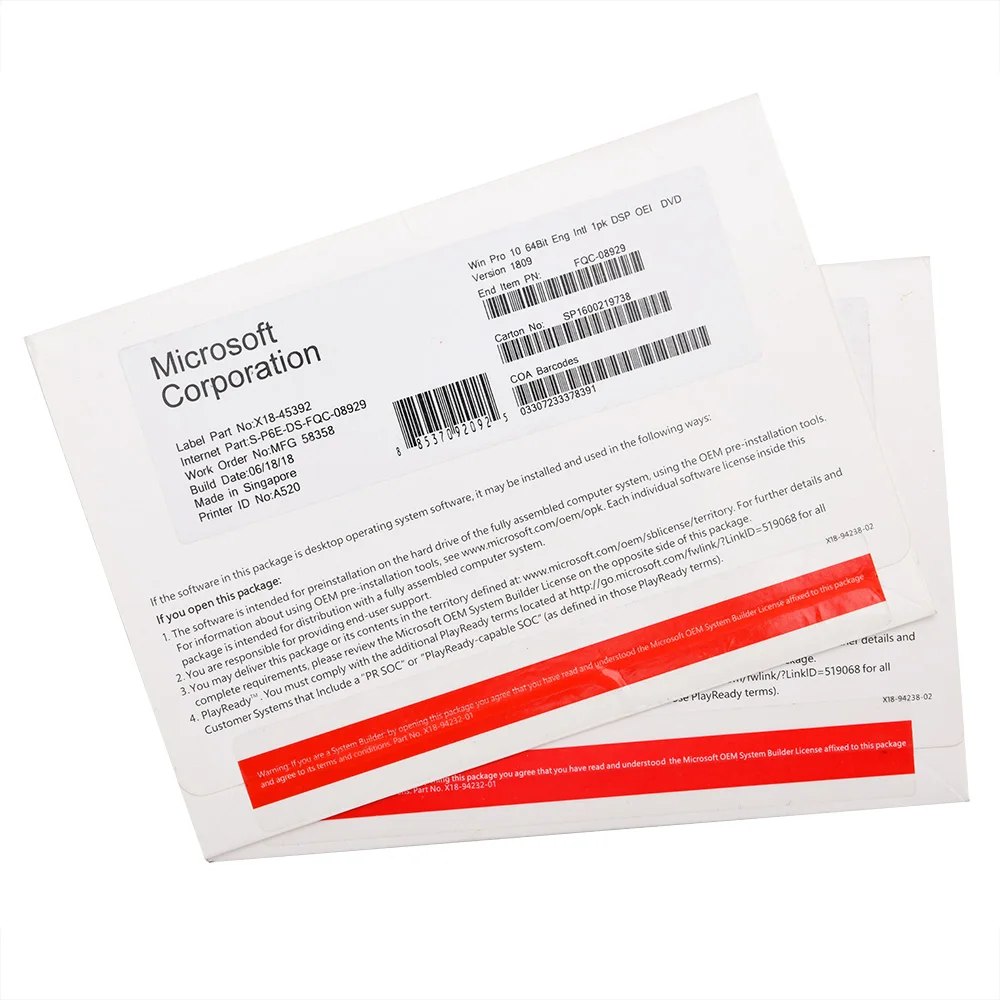 100% Working Microsoft windows 10 Pro key 64 bit DVD OEM Package windows 10 professional FPP coa sticker