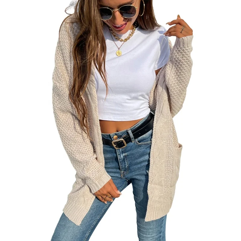 
100% Acrylic wholesale Medium length thick needle knitwear coat twist pocket cardigan sweater women 