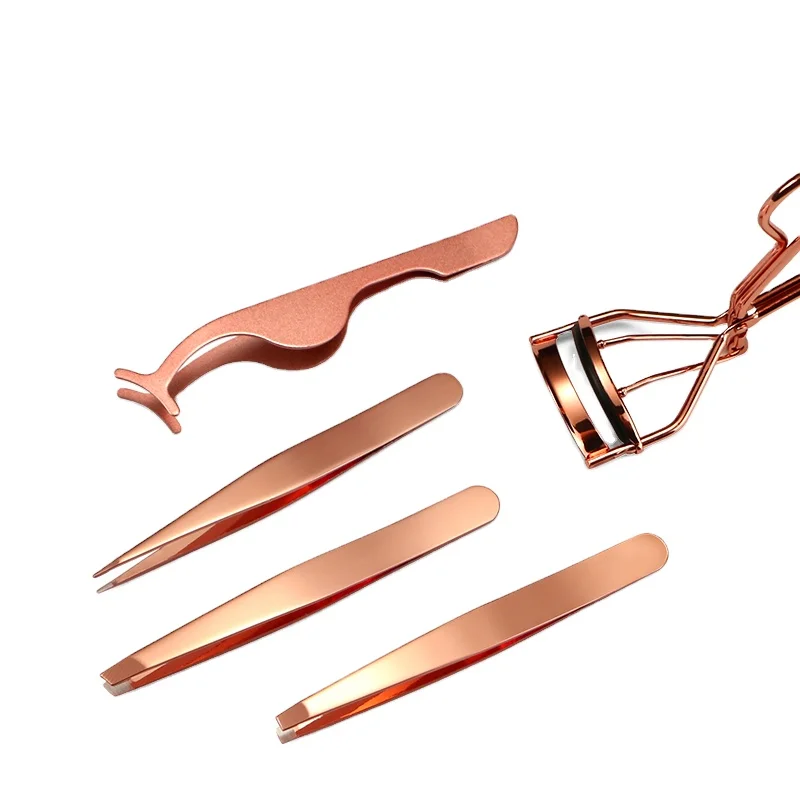 Rose Gold 5-Piece Set of High Quality Stainless Steel Makeup Tools Pointed Slanted Tip Eyelash Curler Eyelash Extension Tweezers