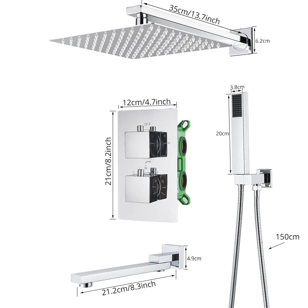 brass luxury square chrome thermostatic concealed shower system faucets set Rainfall bathroom Wall Mounted bath & shower faucets