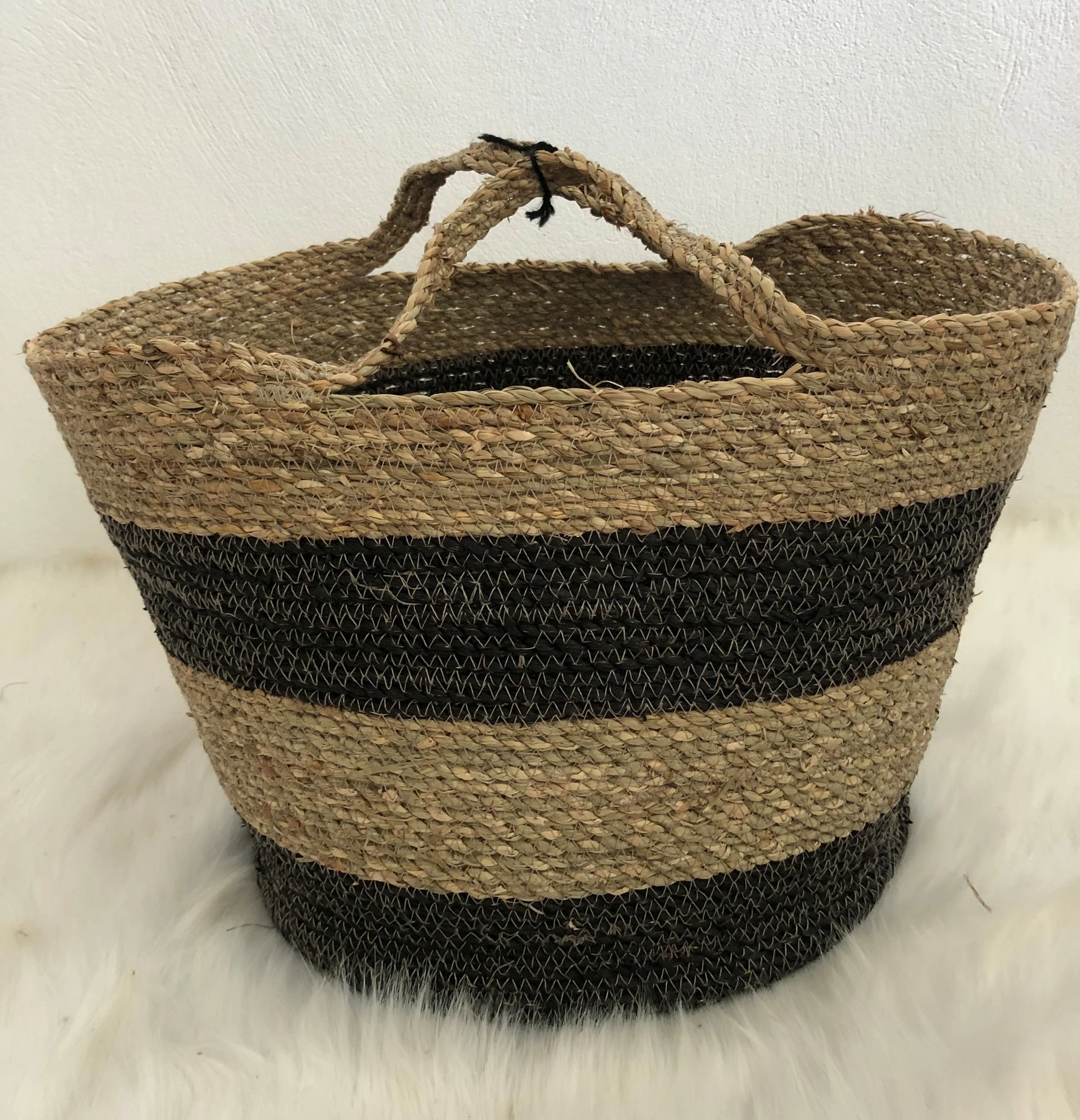 2022 Sea Grass Basket With Handles - Natural Black And Brown Striped Sedge Basket For Home Decoration, Laundry, Picnic
