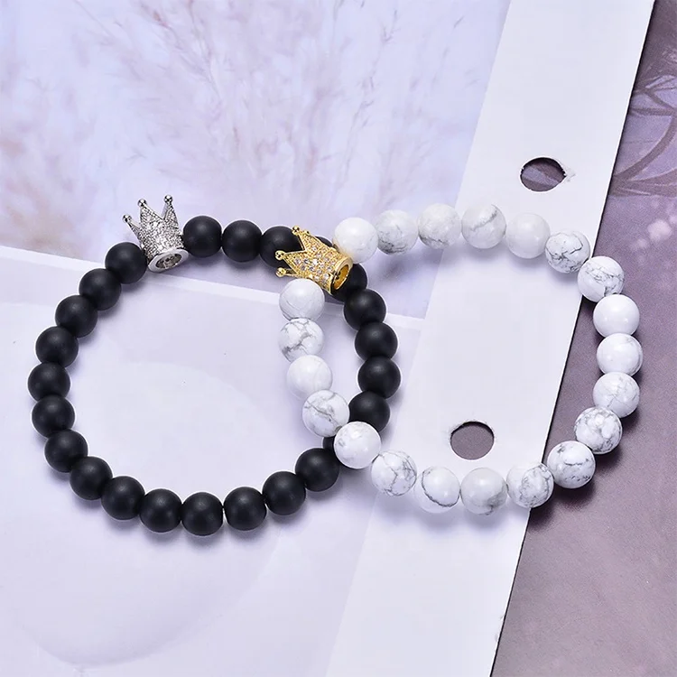 Custom Personalized Matt Black White Turquoise Silver Crown Her King His Queen 8mm Beads Couple Bracelet