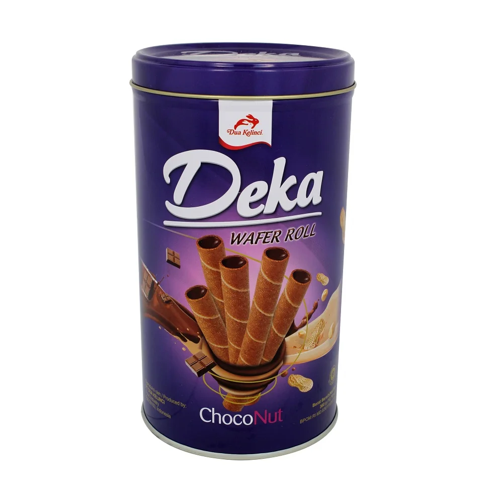 DUA KELINCI - DEKA - WAFER ROLL TIN CAN PACKAGING CHOCOLATE PEANUT FLAVOR SNACK INDONESIA 360 GR