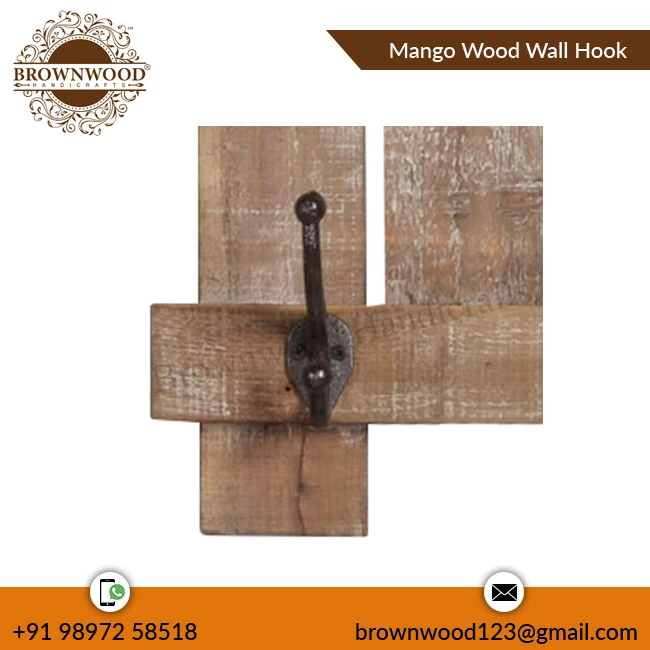 Wholesale Price Burnt White Wash Color Handmade Mango Wood Wall Hook Wooden Hand Carved Wall Hook For Coats & Jackets