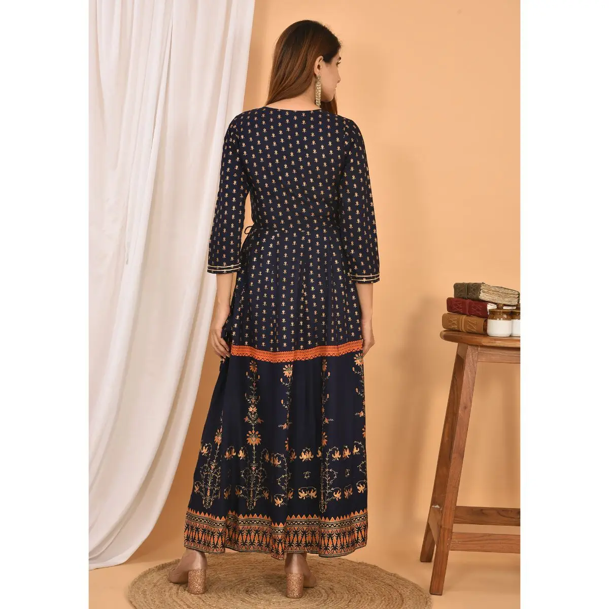 Blue Orange Gold Printed Cotton Ethnic Gown
