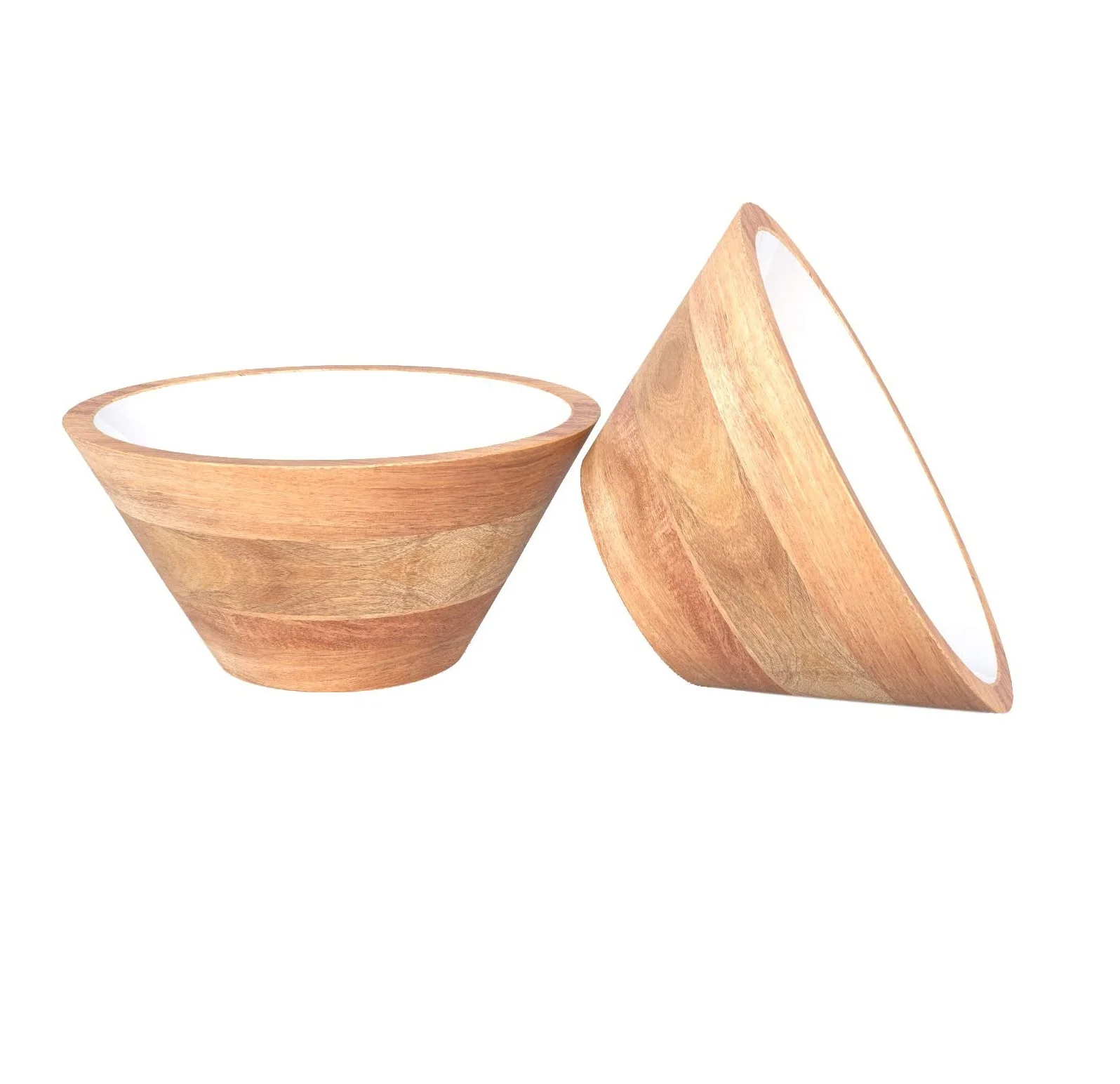 High Quality White Enamel Mango Wood Round Salad Bowls for Table Decoration & Kitchen Use