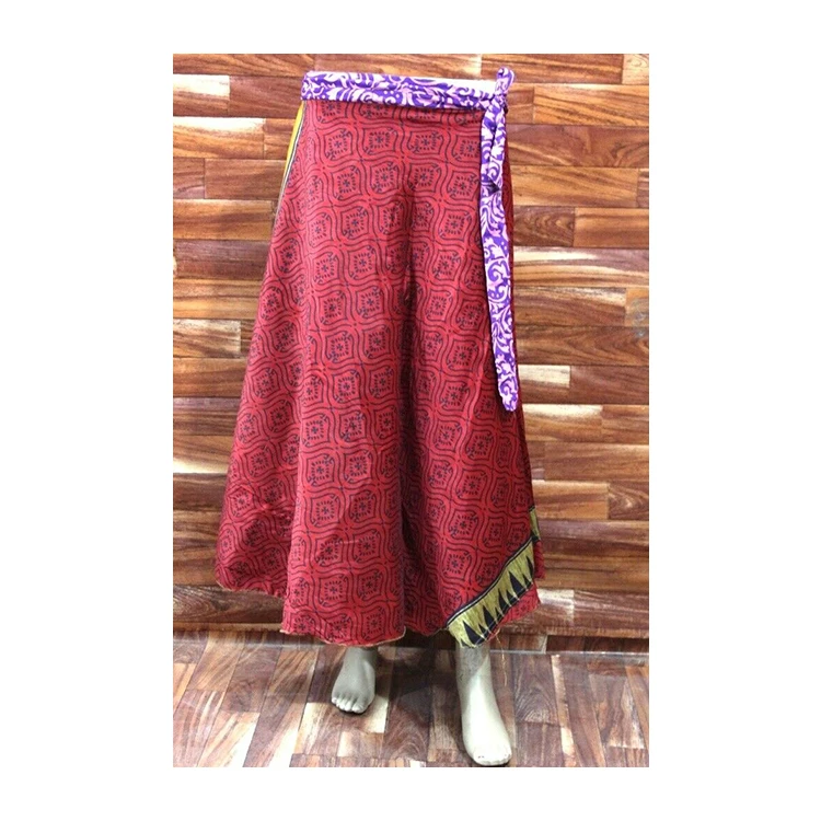 Hot Selling Beautiful Orange Color Vintage Recycled Silk Sari Wrap Around Skirts with Casual Belt and Lovely Printed Design