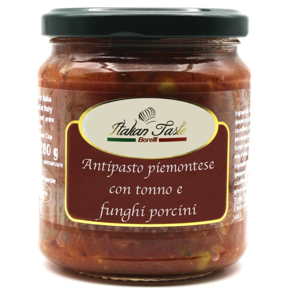 
High quality Italian Piedmontese appetizer with tuna and porcini mushrooms glass jar 280 g Made in Italy for export 