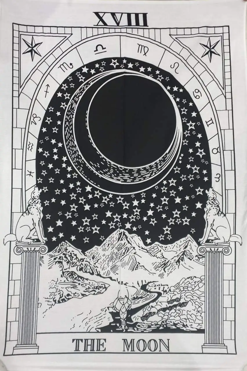 Tarot Triple Burning Sun Moon & Star Mystic Hippie Bohemian Psychedelic Mandala Cotton Wall Hanging Tapestry Poster white Black