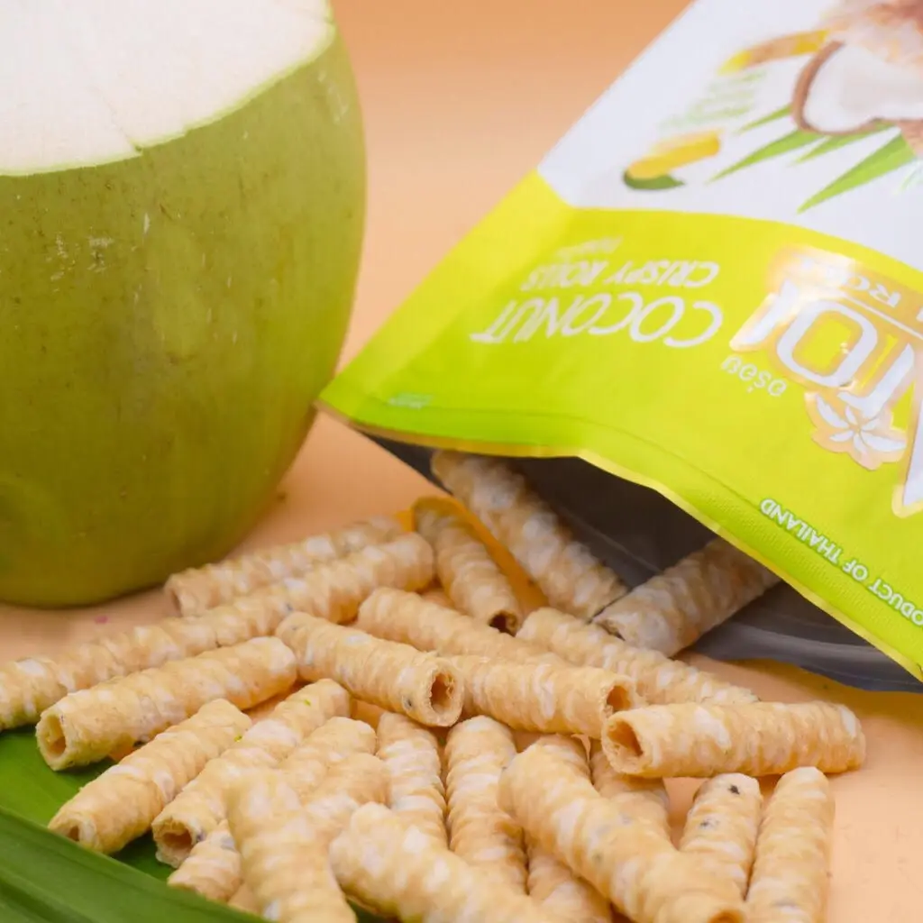 Fresh Coconut Milk, Mango Flavor, Crispy Coconut Rolls Made From Real Coconut Milk Gluten Free And Mango Smoothie.