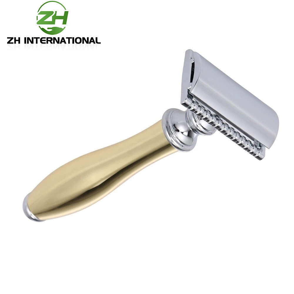 Stainless Steel Double Edge Razor With Gold Colored Metal handle
