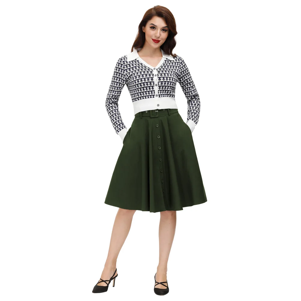 Belle Poque BP000571 Womens Buttons Decorated Flared A-Line Skirt With Belt Pockets Knee Length Vintage Skirts
