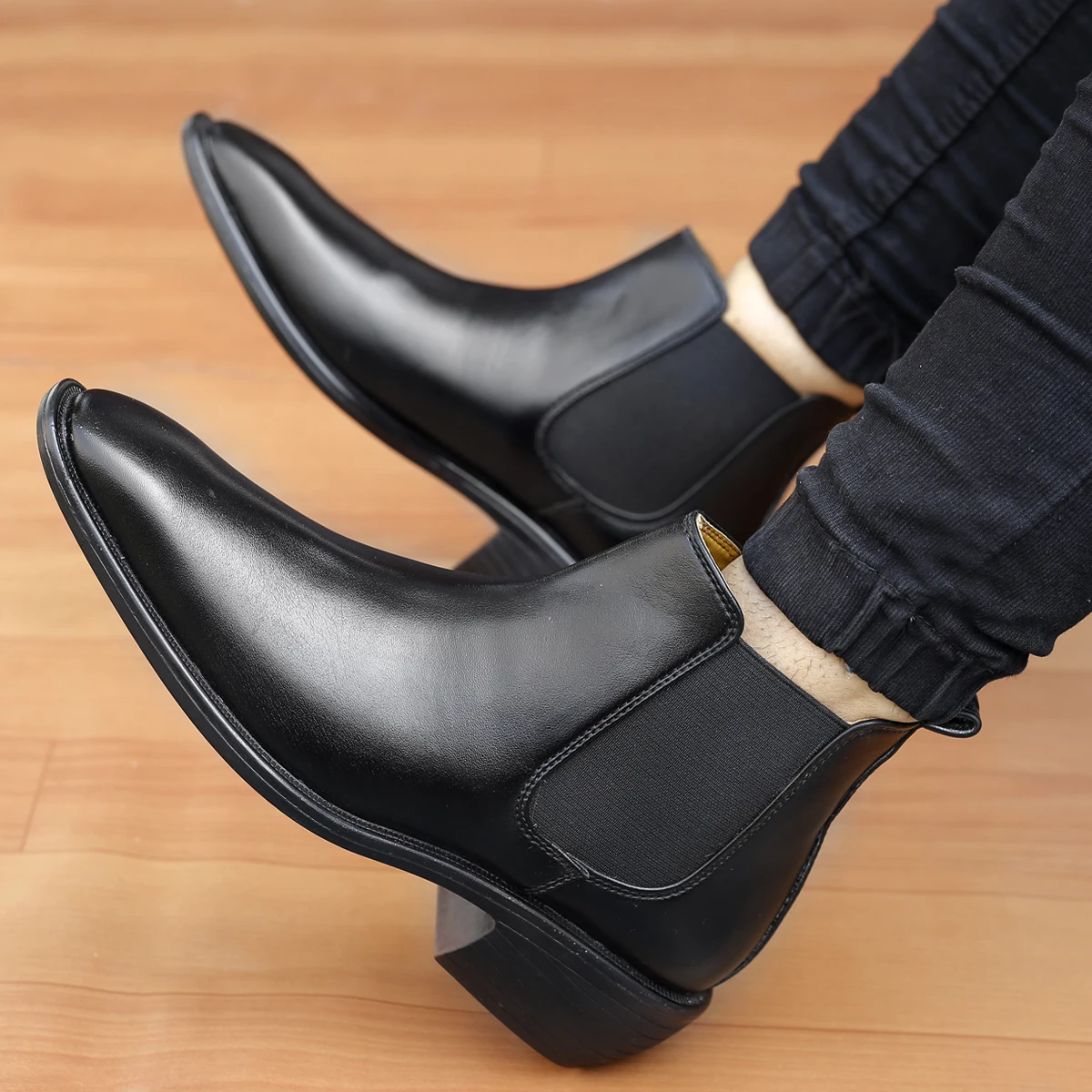 Black High Fashion Height Increasing Elevator Men`s Chelsea Boots