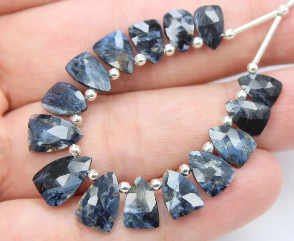 15-Piece Natural Pietersite Faceted Trillion Shape Beads Silver Gemstone Loose Beads Smooth Cut Strands for Jewelry Use