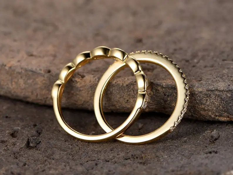 925 Sterling Silver CZ wedding band Diamond eternity stacking rings 2PCS Matching Half Yellow gold Plated