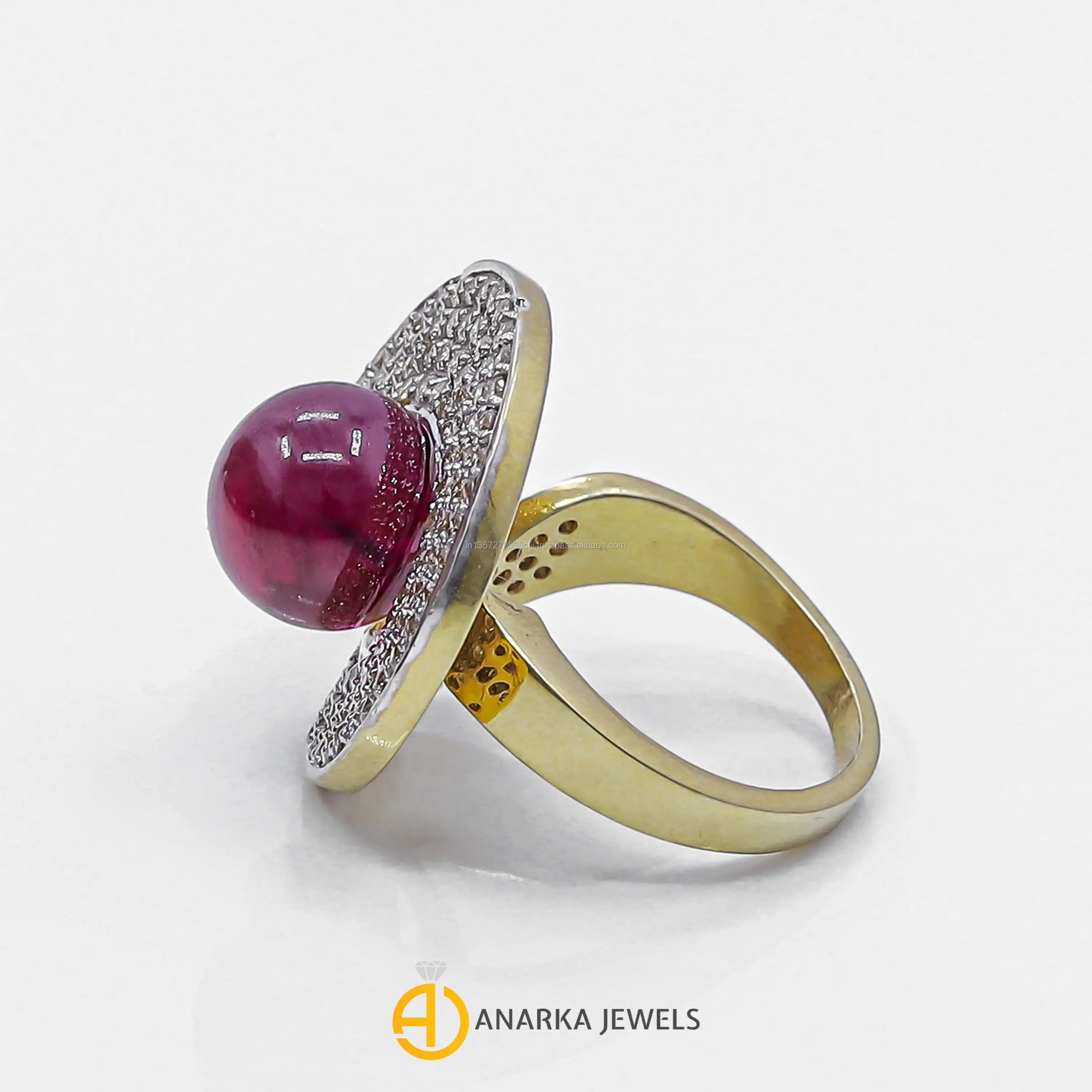 
18K Yellow Gold Vintage Unique Cocktail Diamond Ring Ruby Bead Gemstone Ring MMR-107 